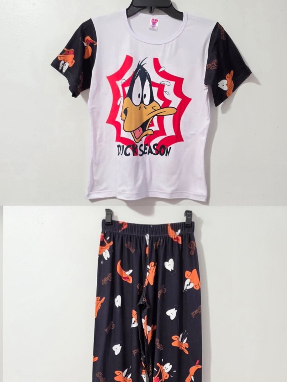 Colombian Daffy Duck Design Long Peach Skin Pajama Set -White/Black - Size Small
